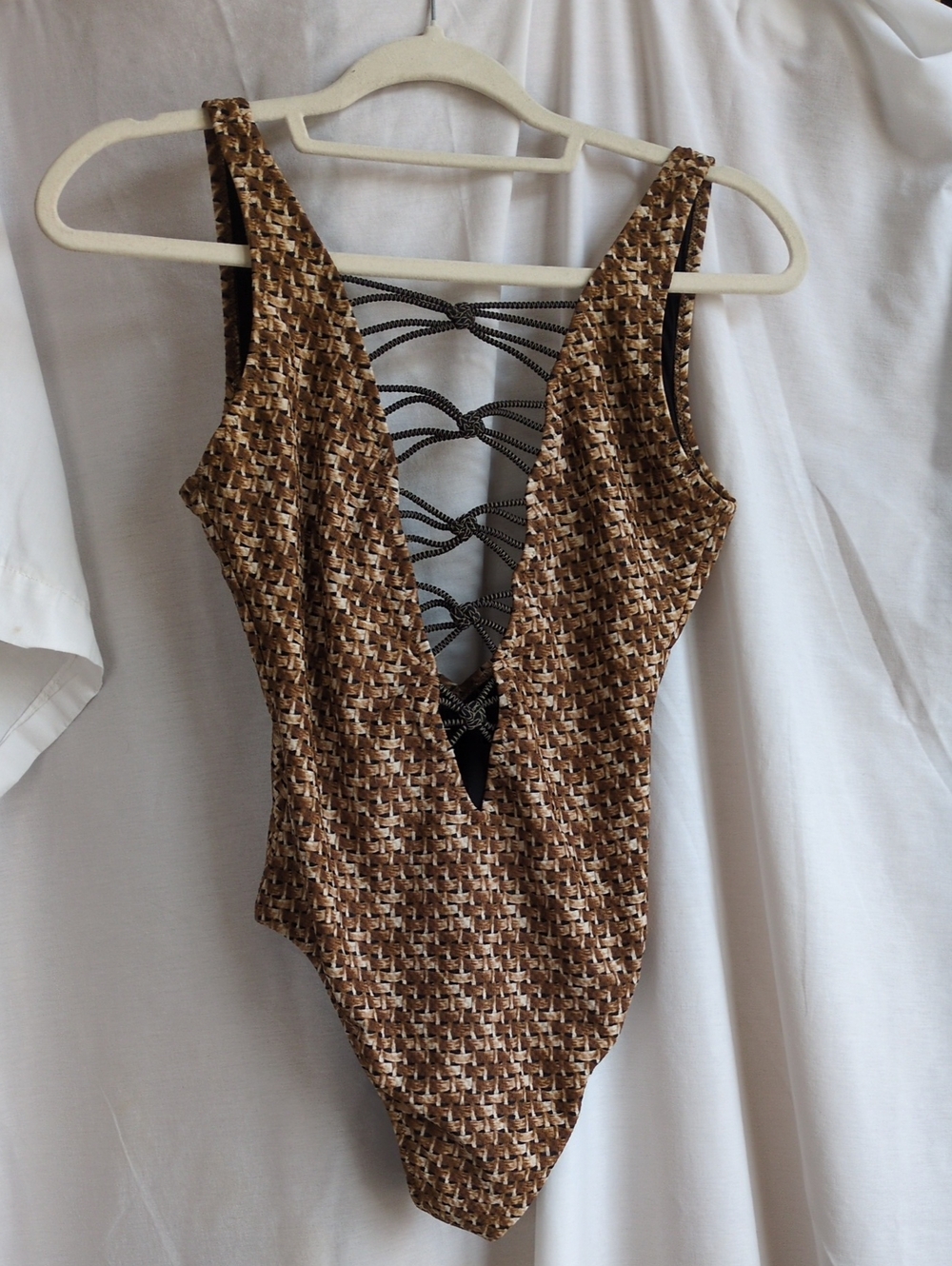 Brown Pattern One-Piece Swimsuit with Lace-Back Detail